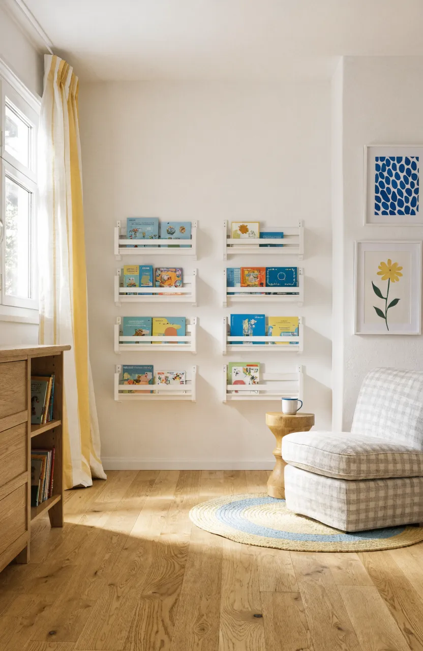 White wooden spice racks used as wall bookshelves for kids' board books in a bright room.