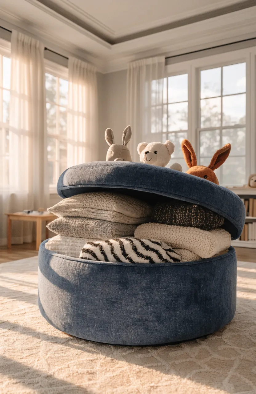 A navy blue storage ottoman with toys inside sitting on a plush rug in a tidy playroom.