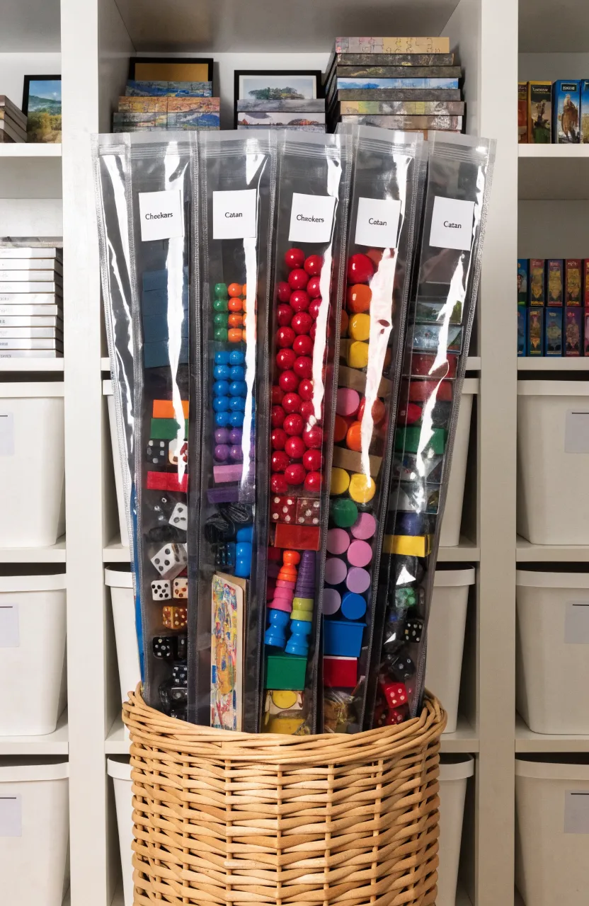 Clear zip pouches holding board game pieces organized vertically in a basket on a shelf.