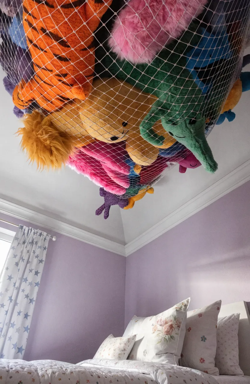 A white mesh hammock filled with stuffed animals hanging in the corner of a lavender room.