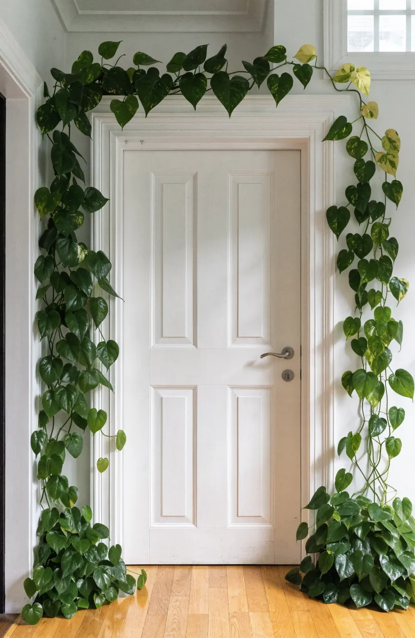 Lush green money plant vines growing around a white door frame in a bright, modern hallway.