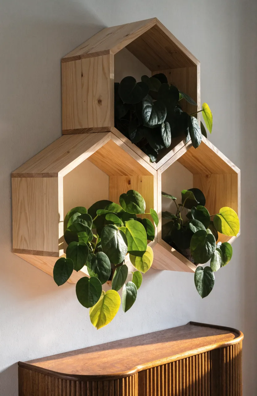 Three wooden hexagon shelves arranged in a honeycomb pattern on a gray wall with trailing money plants.