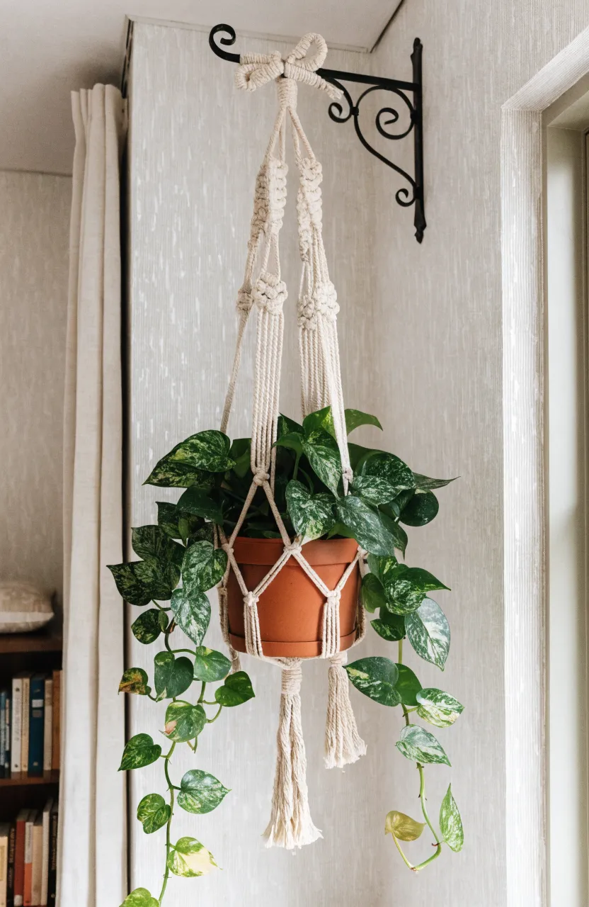 A cream macrame plant hanger with a money plant hanging from a black metal wall bracket in a cozy corner.