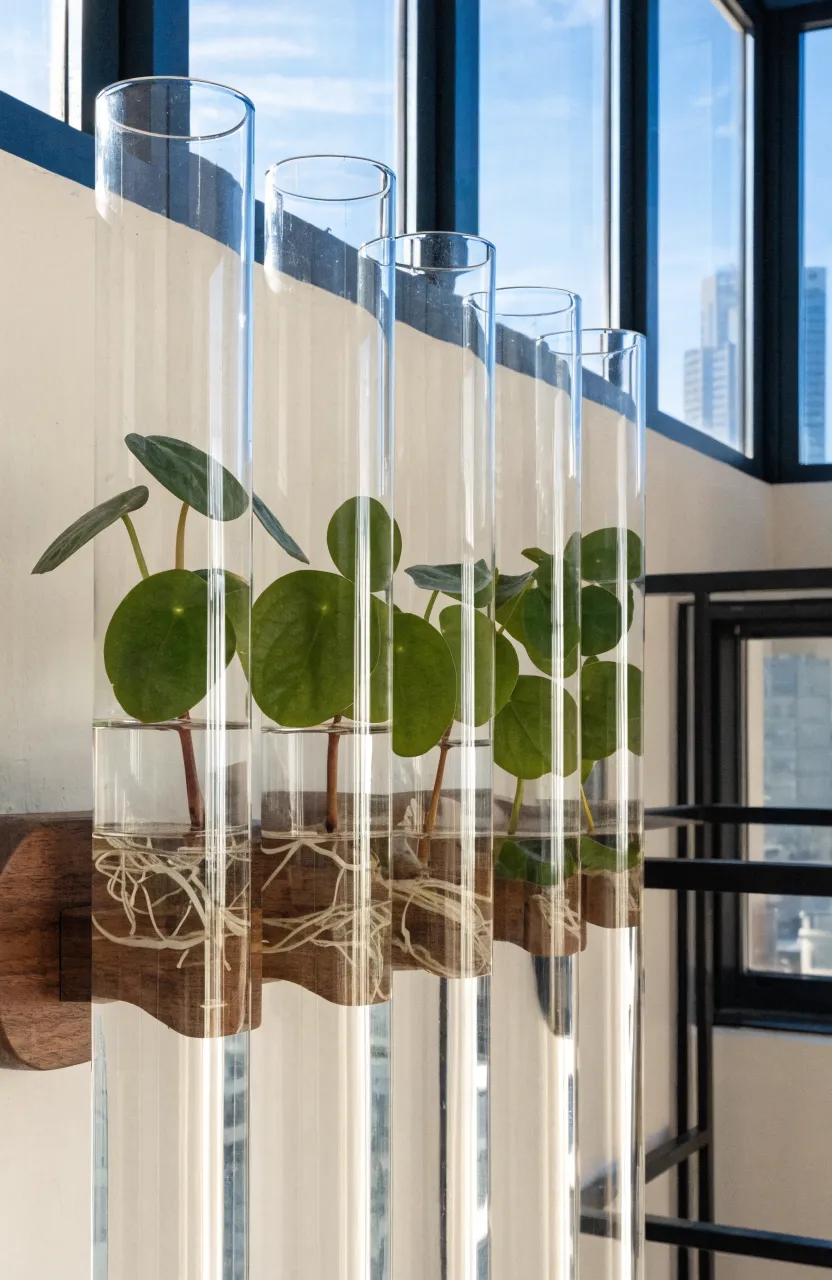 Glass tubes with money plant cuttings and visible roots mounted on a dark wood block on a white wall.