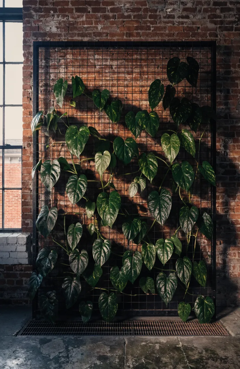 A black metal grid panel on a brick wall with money plant stems climbing upward through the wire.