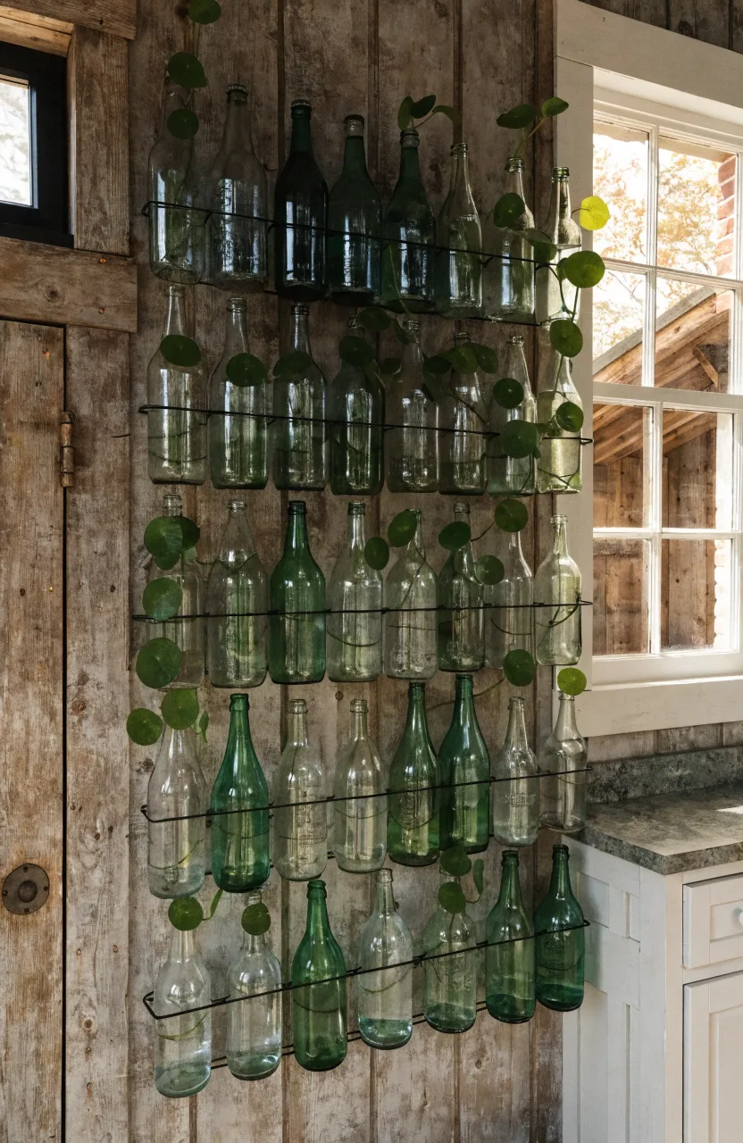 Vintage glass bottles in a wire rack on a shiplap wall holding money plant cuttings in water.