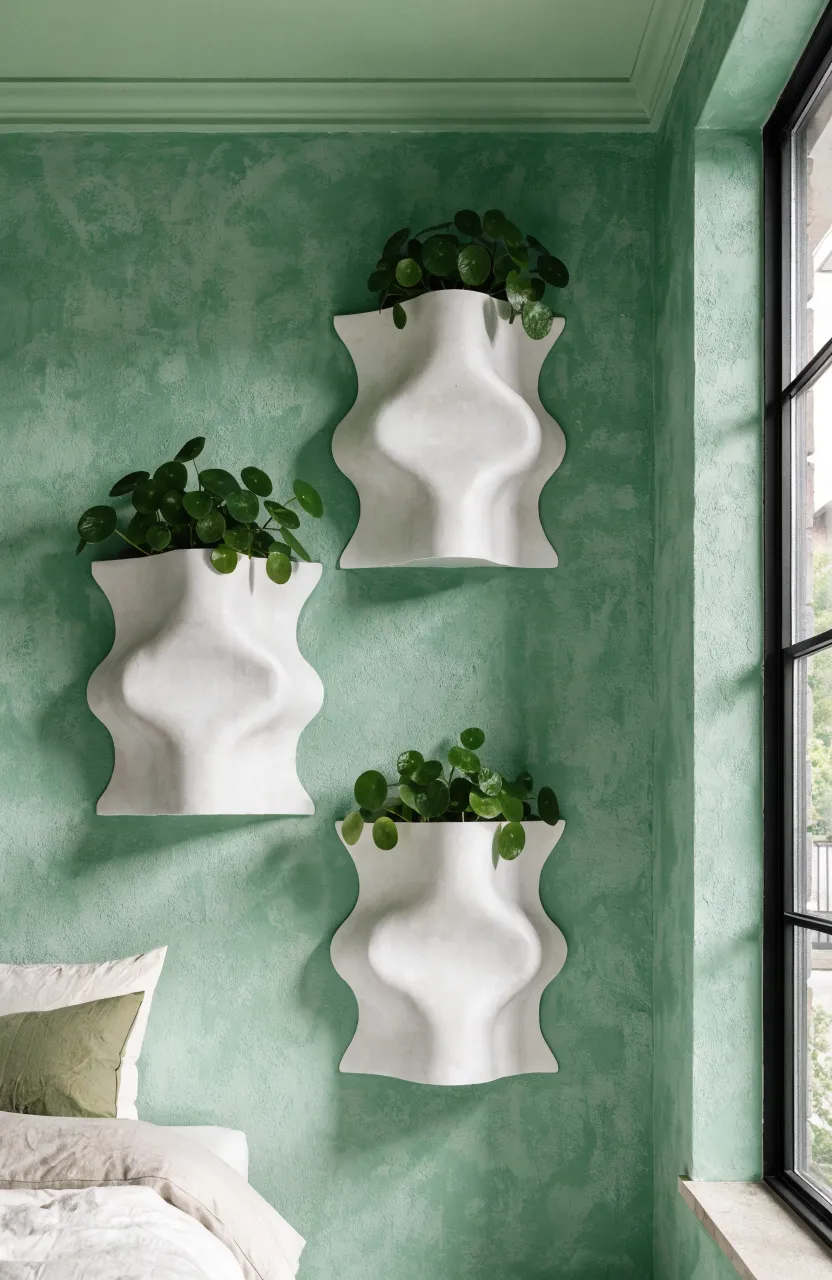 Three white ceramic wall pockets with small money plants arranged on a soft green wall.
