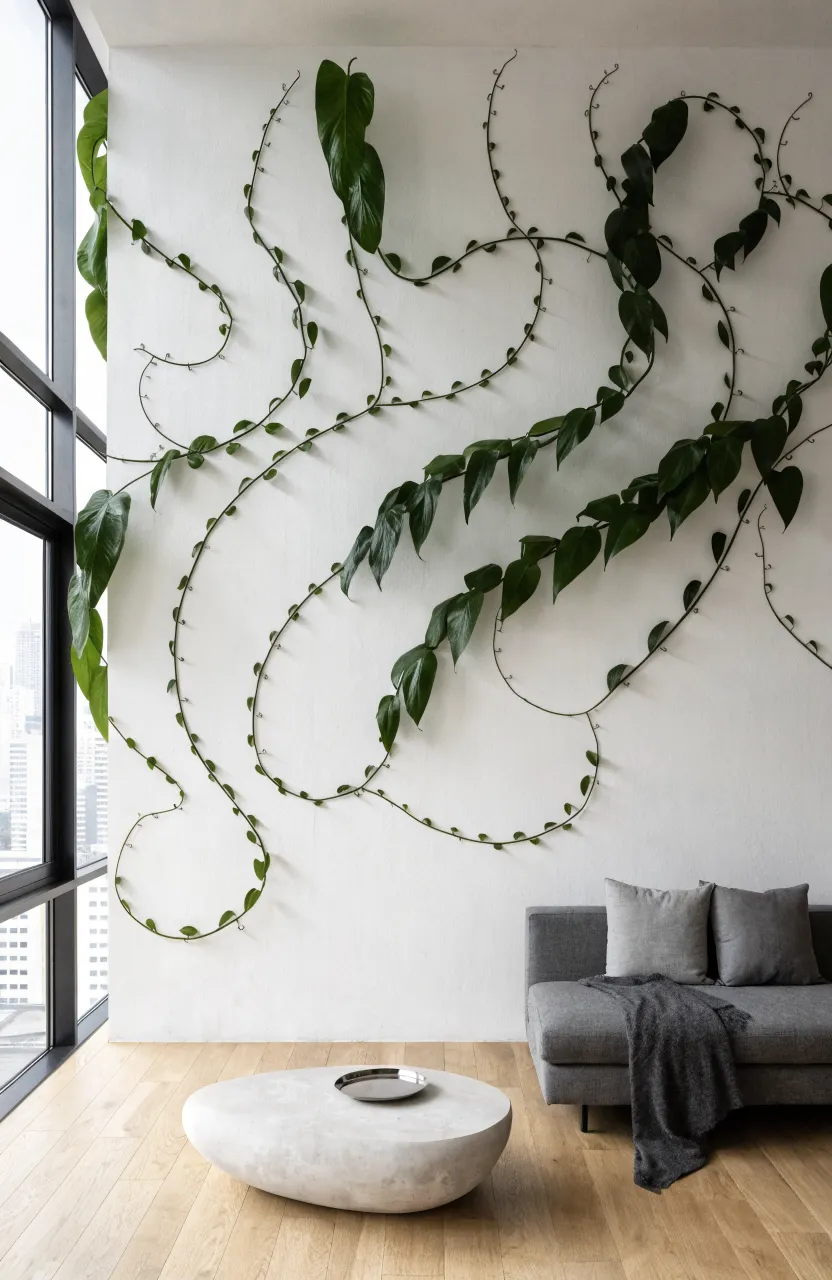 Long money plant vines clipped to a white wall in a geometric pattern in a bright living room.