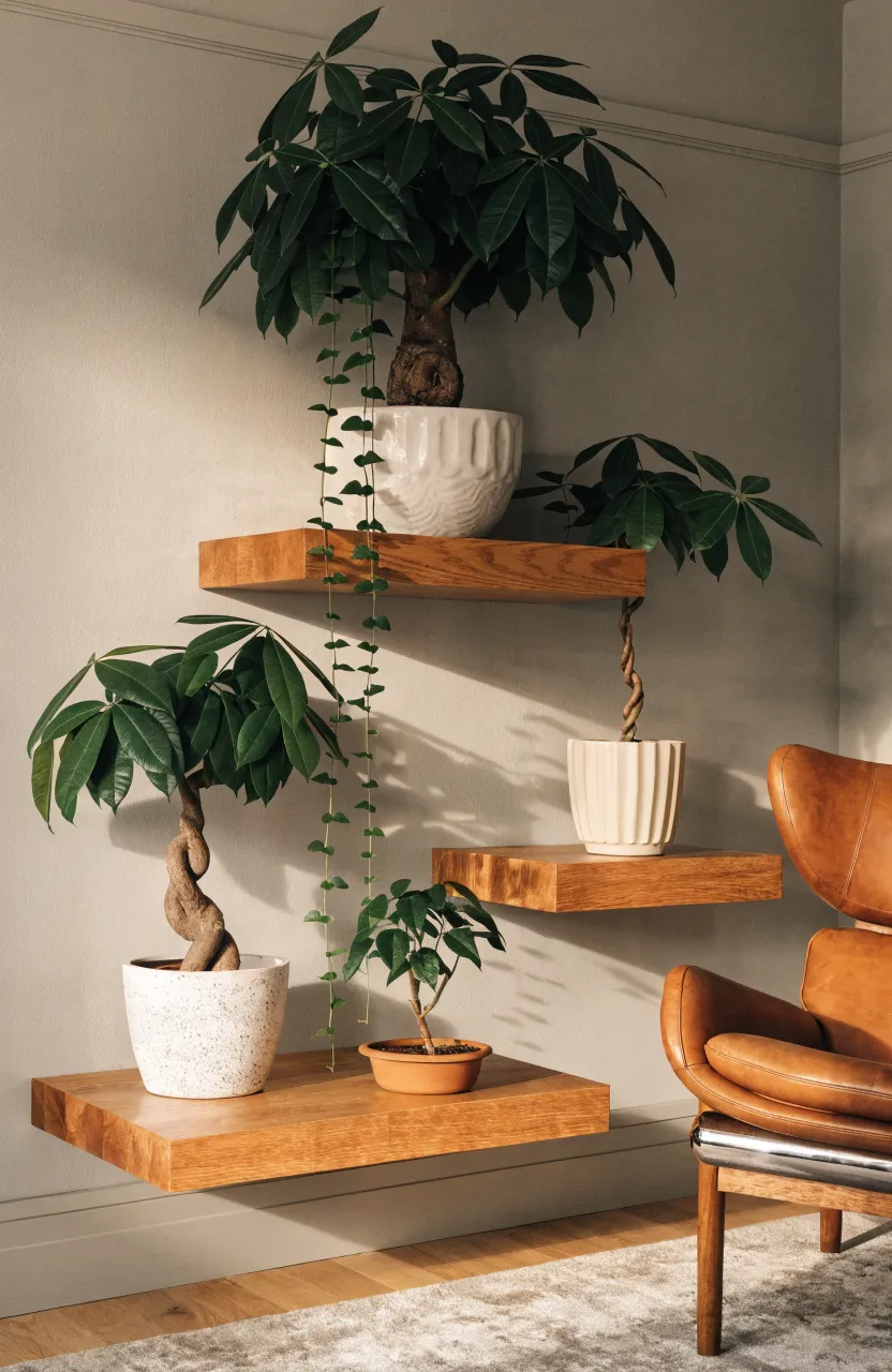 Trailing money plants on floating oak shelves against a warm grey wall in a modern living room.