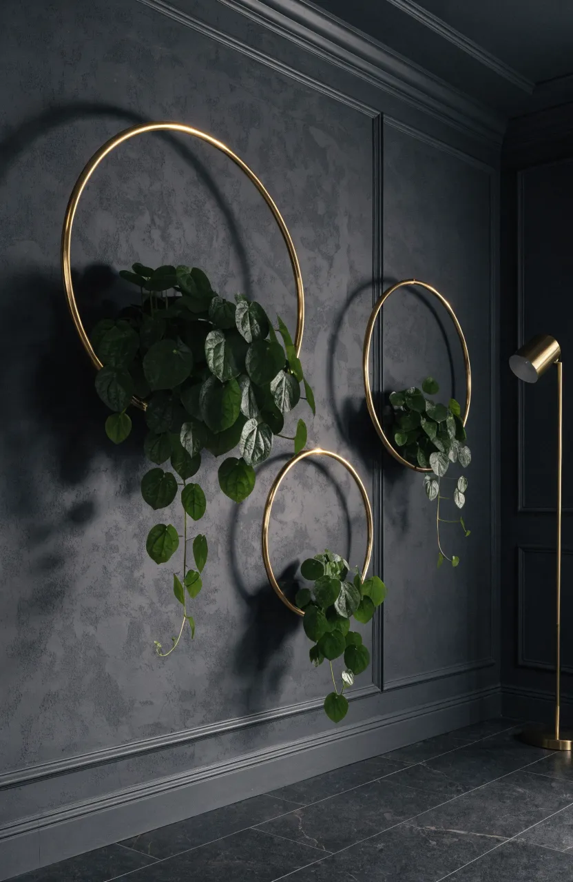 Circular gold metal frames holding money plants against a dark charcoal accent wall.