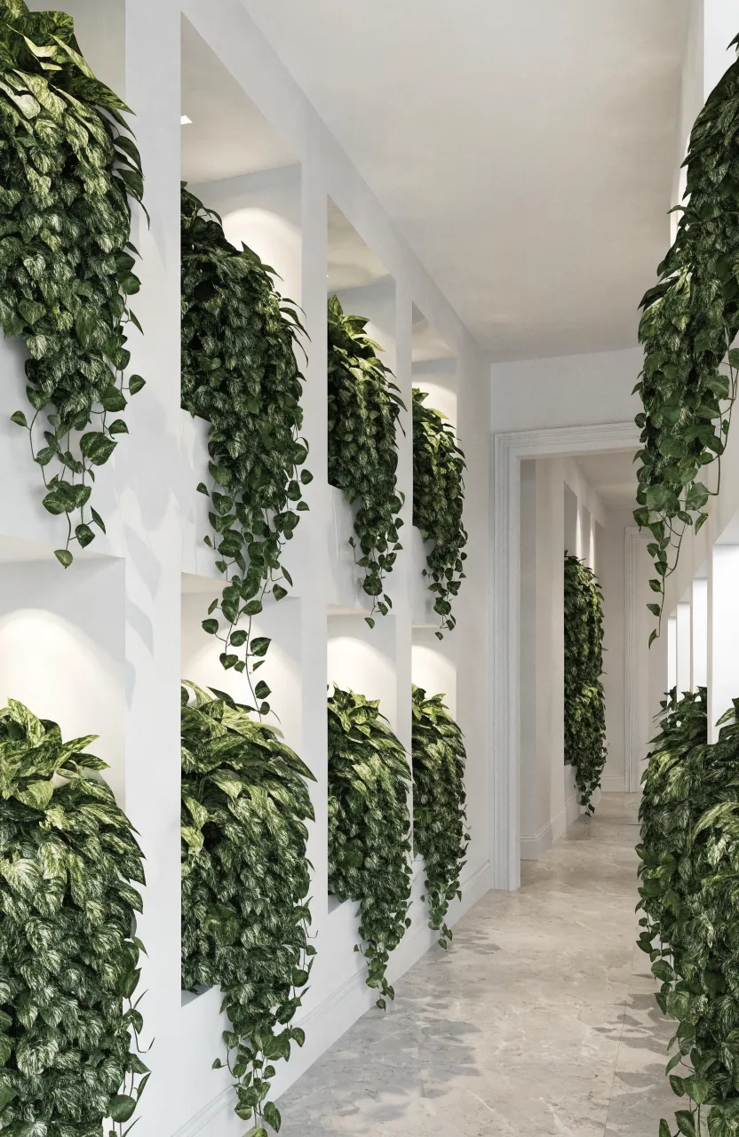 Money plants cascading from recessed white wall niches with soft integrated lighting.