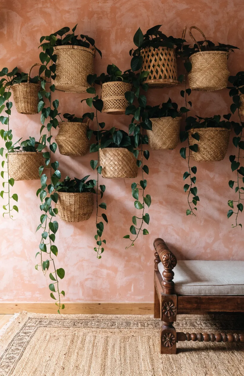 Woven wicker baskets used as wall planters for money plants on a terracotta wall.