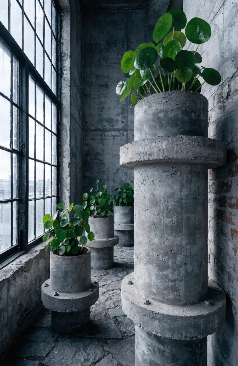 Industrial concrete planters with money plants mounted on a raw grey concrete wall.