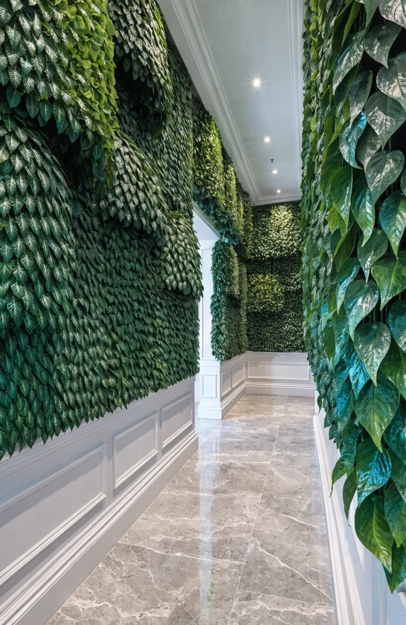 A full vertical garden wall made of realistic faux money plant panels in a modern hallway.