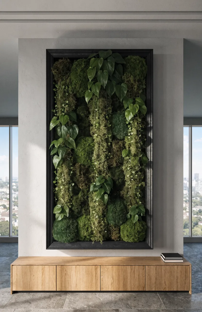 A deep black frame on a grey wall filled with green money plant vines and preserved moss.
