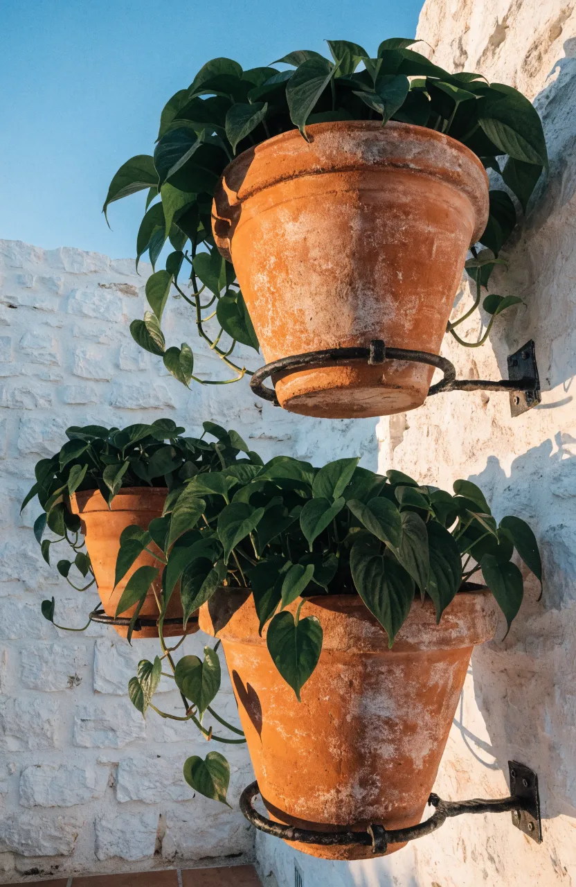 Three terracotta pots with trailing money plants mounted on a white stone wall with iron rings.