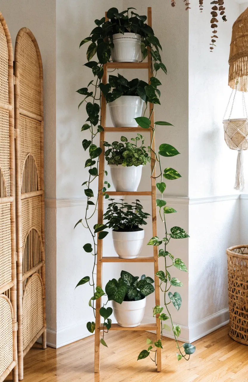 A wooden ladder shelf leaning against a white wall covered in trailing green money plants.