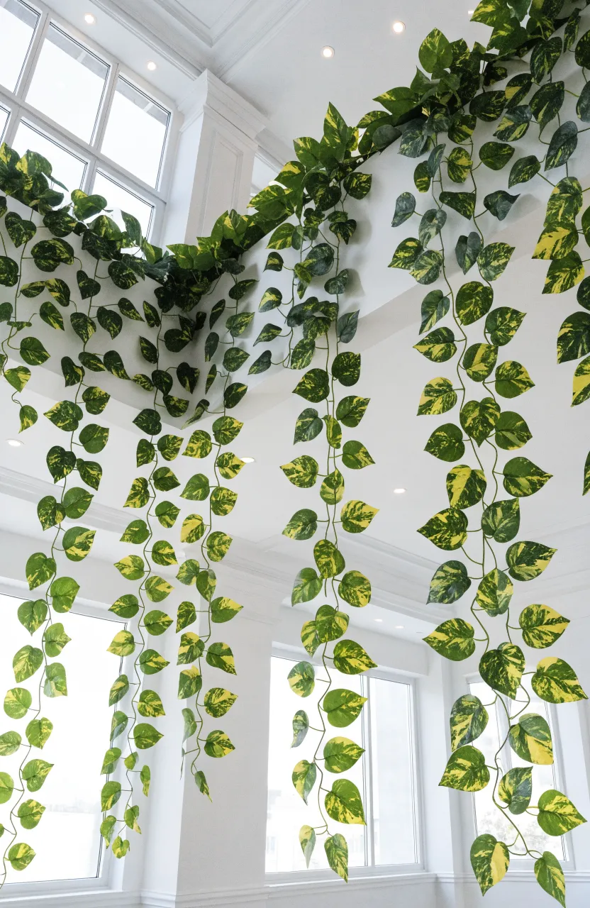 Realistic faux money plants trailing down from a high white architectural ledge in a bright room.