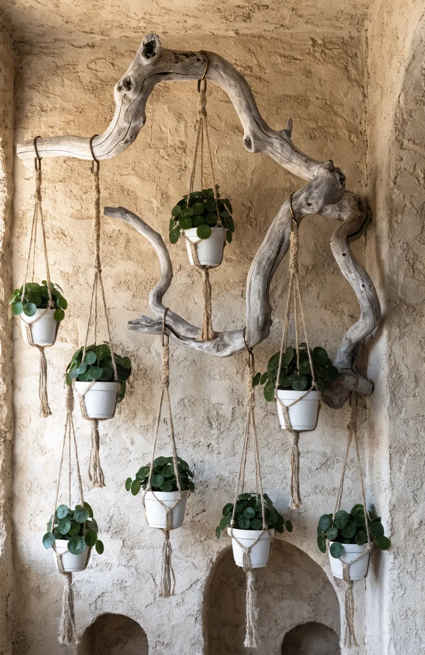 A rustic driftwood branch mounted on a wall with money plants hanging from jute twine.