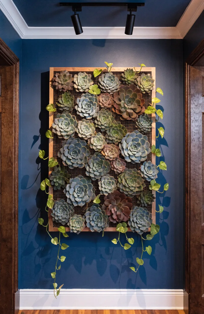 A wooden shadow box filled with succulents and money plants mounted on a navy blue wall.