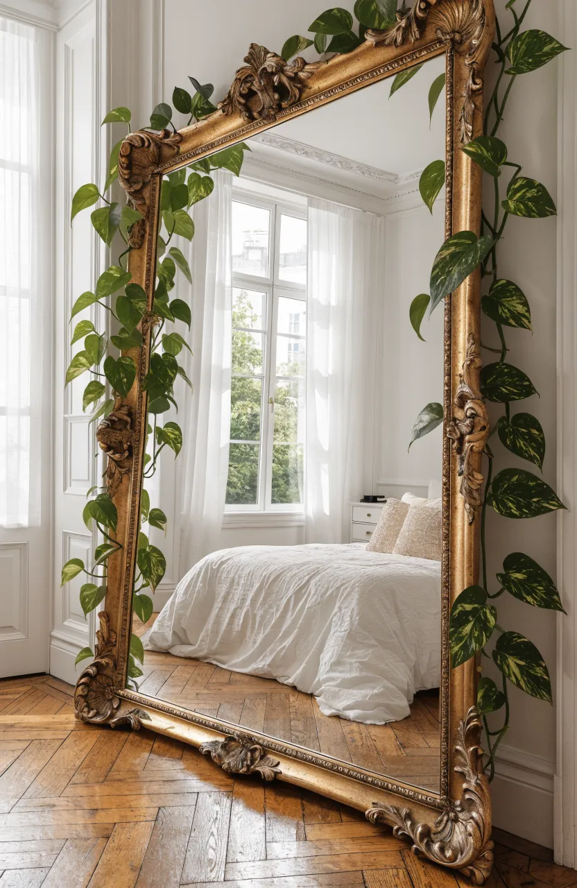 An ornate gold mirror with green money plant vines wrapped around the frame in a bright room.