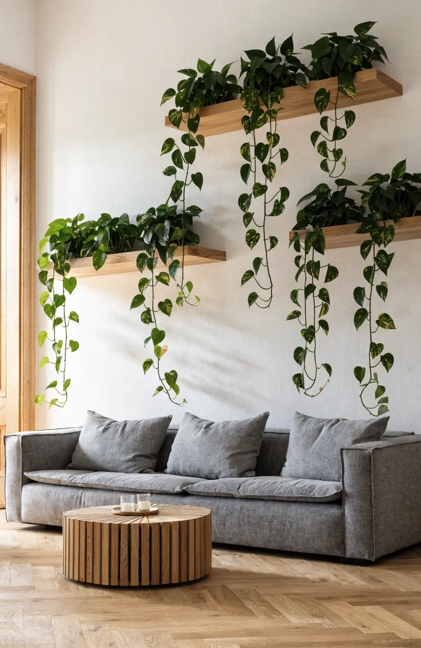 Minimalist oak floating shelves on a white wall with cascading green pothos vines in a bright room.