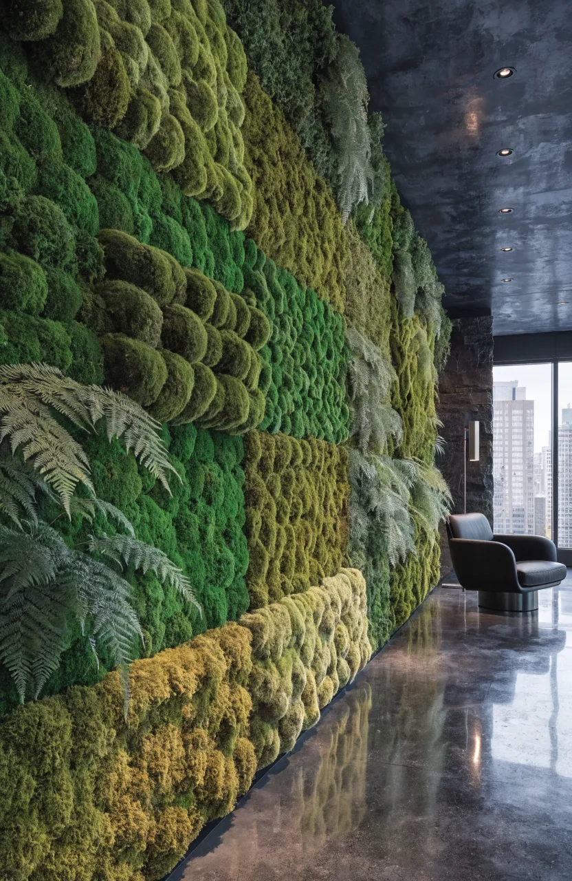 A dense, velvety green moss and fern wall in a modern living room with concrete floors.