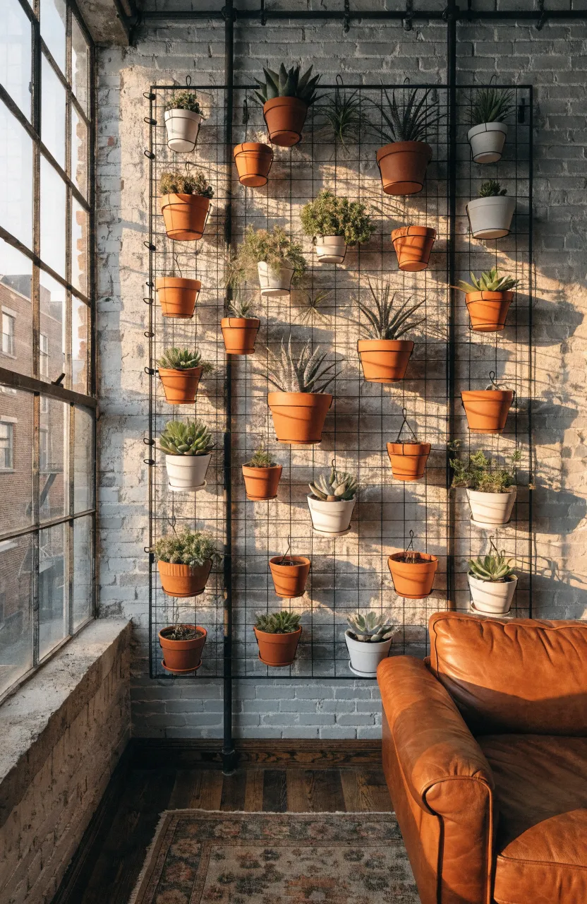 A black metal wall grid holding small terracotta succulent pots against a light grey brick wall.