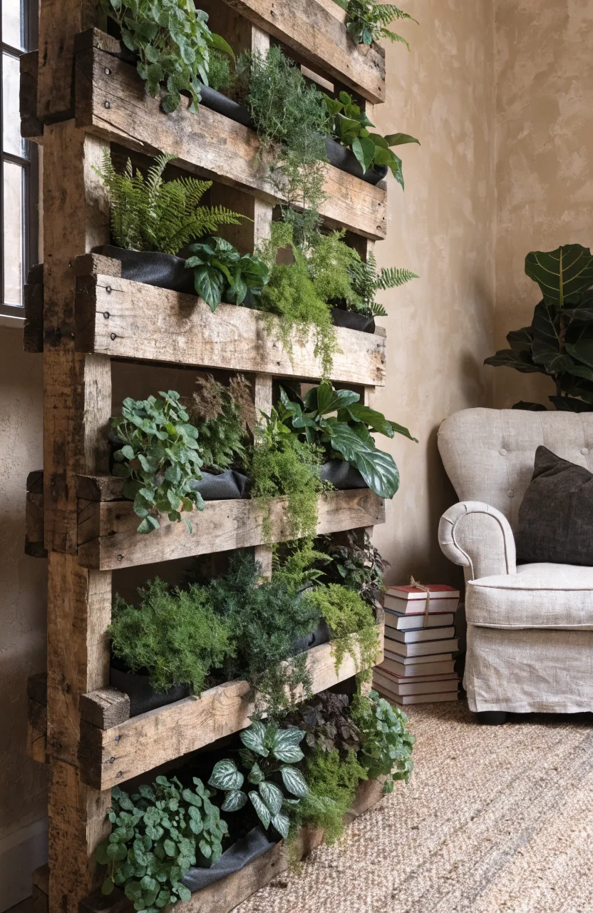 A rustic wooden pallet repurposed into a vertical herb garden on a warm beige living room wall.