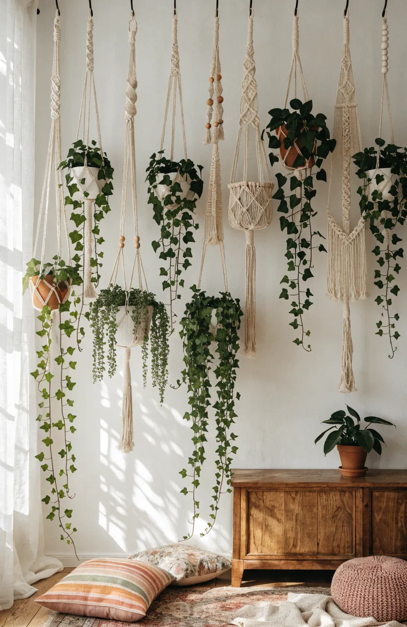 Handcrafted cream macramé slings holding trailing ivy plants against an off-white living room wall.