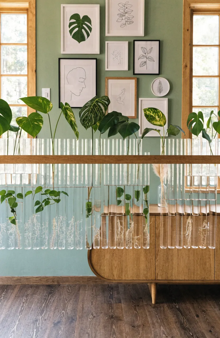 Glass propagation tubes with visible plant roots mounted on an oak strip on a sage green wall.