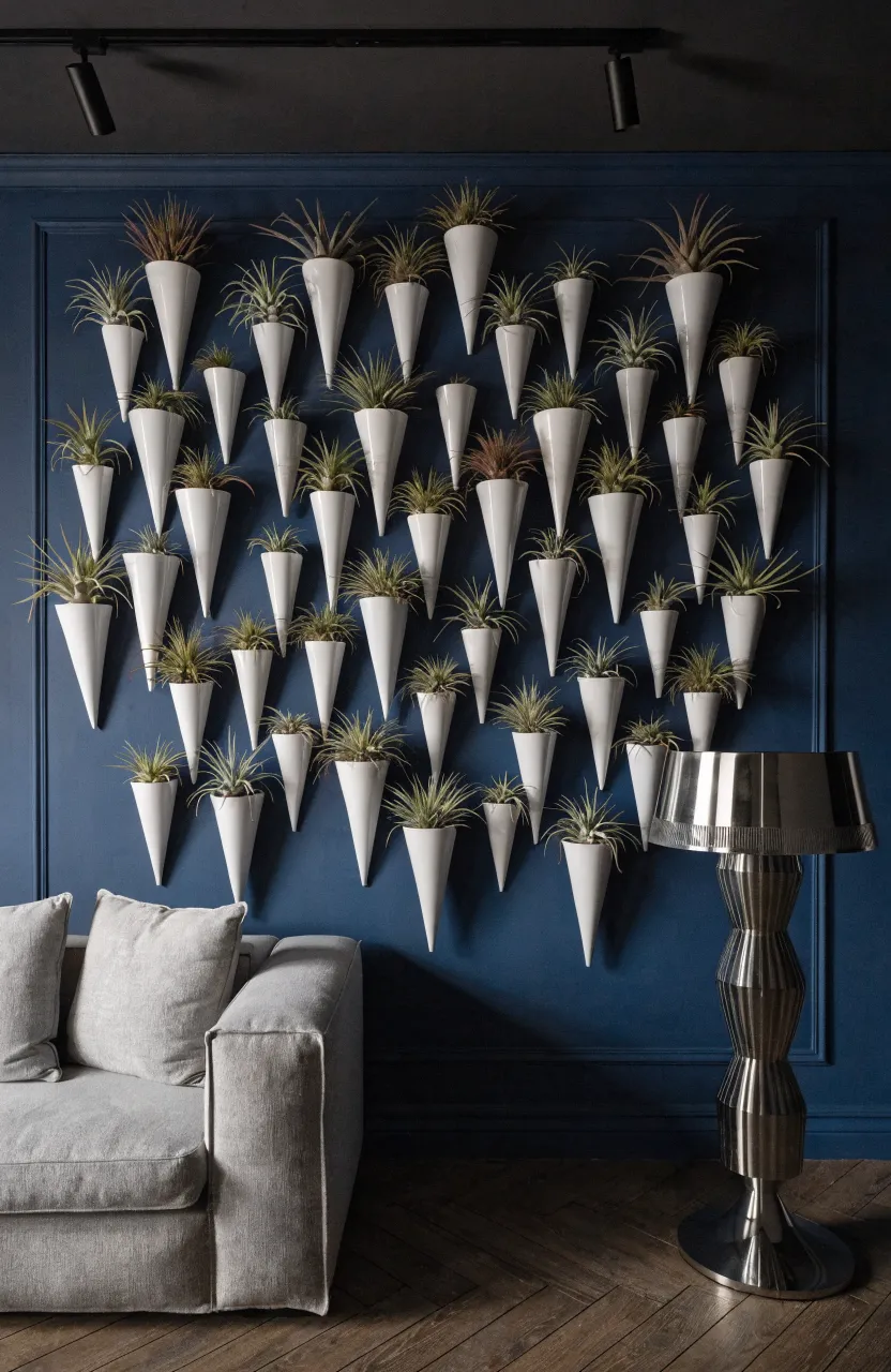 Staggered white ceramic wall cones holding spiky silver air plants on a navy blue accent wall.