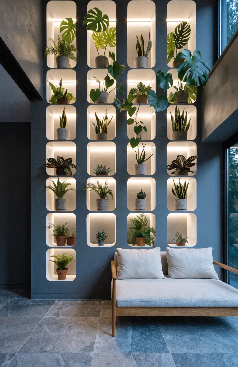 A modern living room with built-in recessed wall shelves filled with tropical plants and glowing LED lights.