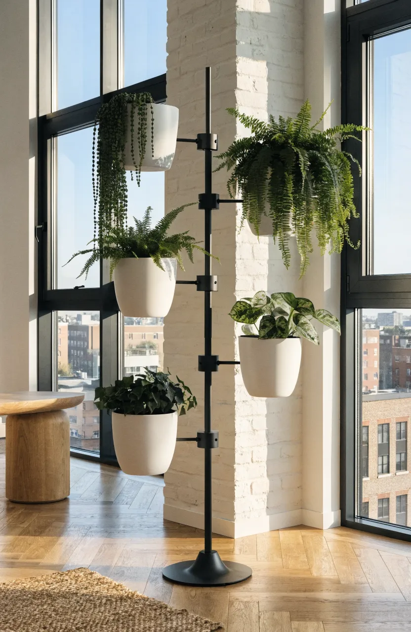 A black tension pole plant stand holding multiple green plants against a white brick wall in a bright room.