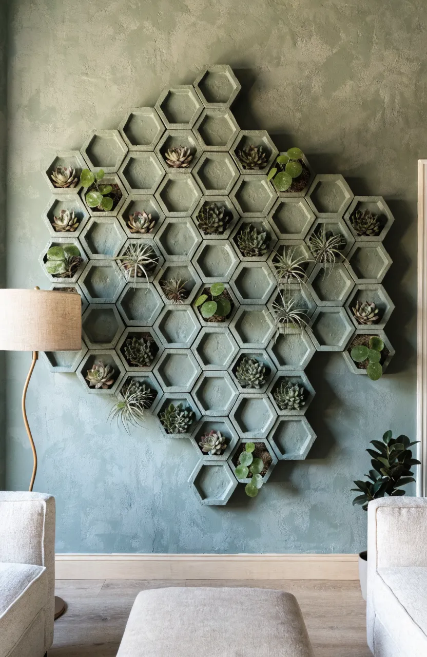 Geometric sage green hexagonal planters mounted on a matching wall with various small succulents.