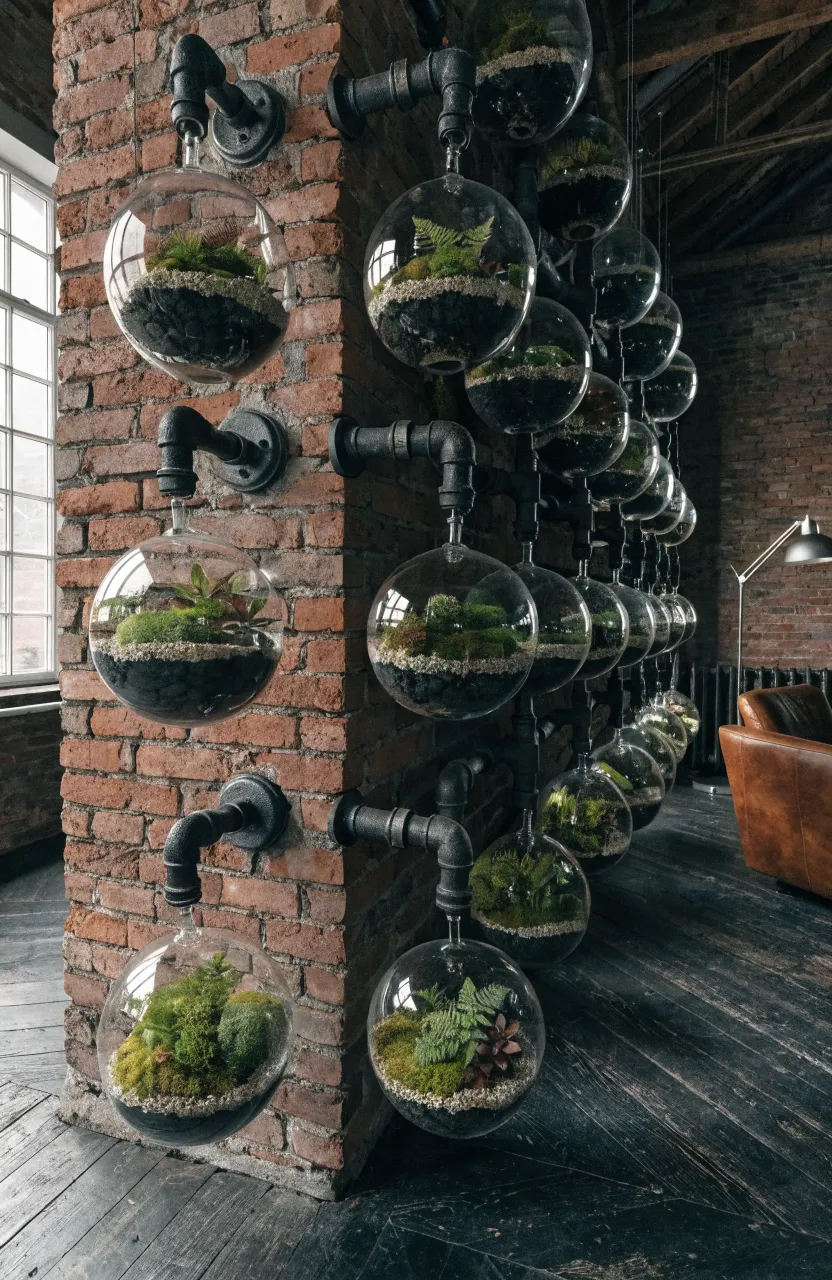 Black industrial pipes on a brick wall holding hanging glass terrariums with moss and small plants.