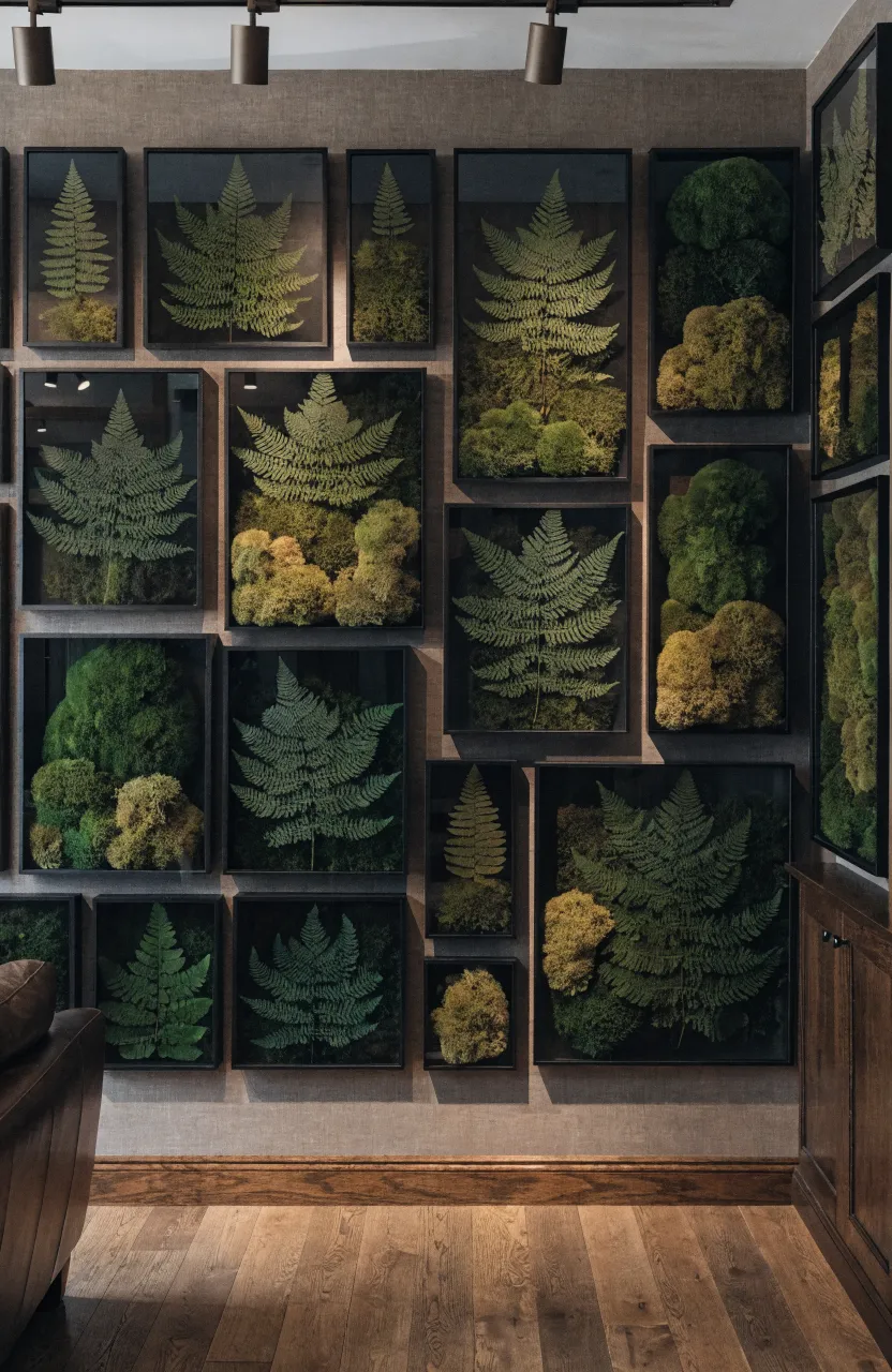 A collection of black-framed preserved ferns and moss arranged as a gallery wall in a living room.