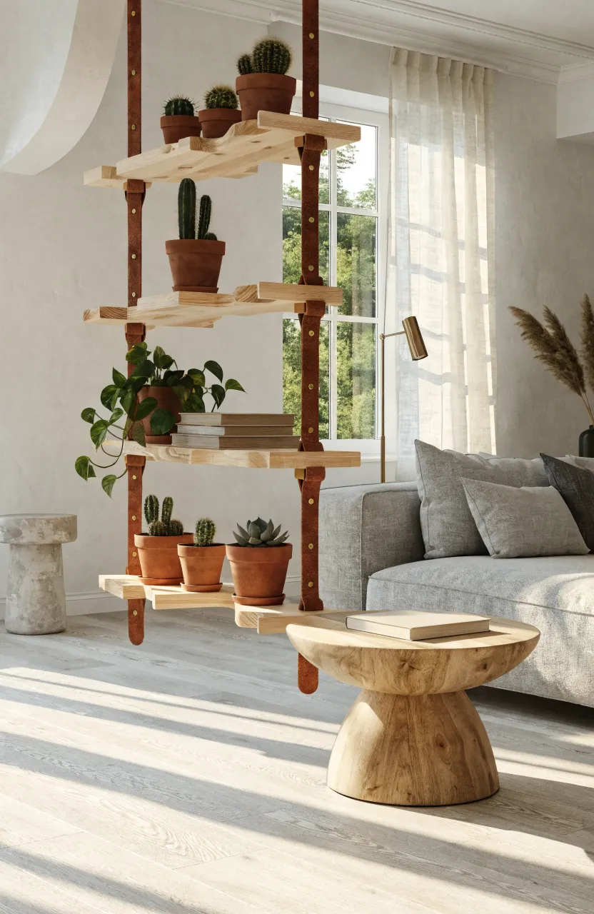 Light wood shelves with leather straps holding small plants and books on a white living room wall.