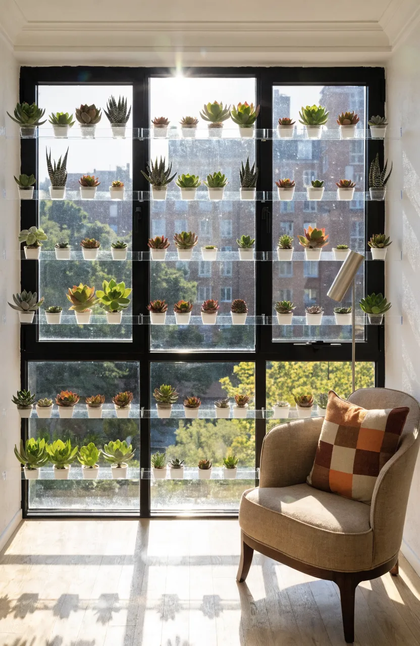 Clear acrylic shelves attached to a sunny window holding many small colorful succulent plants.