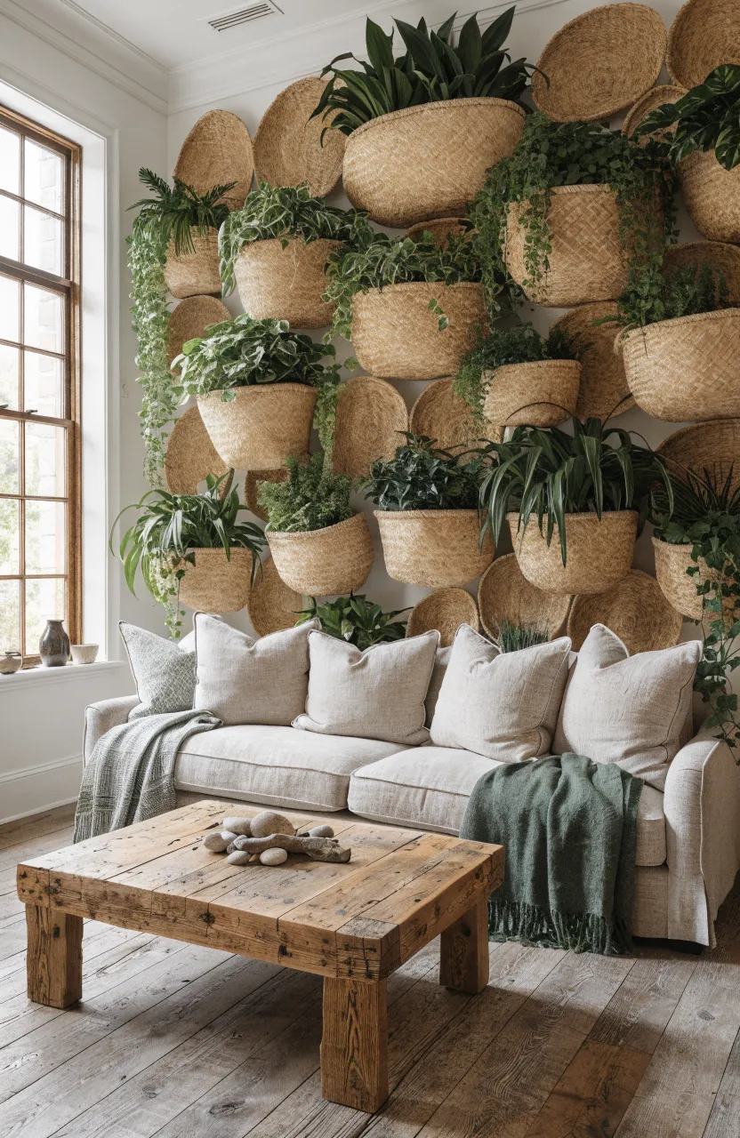 A living room wall covered in woven seagrass baskets used as planters for lush green indoor plants.