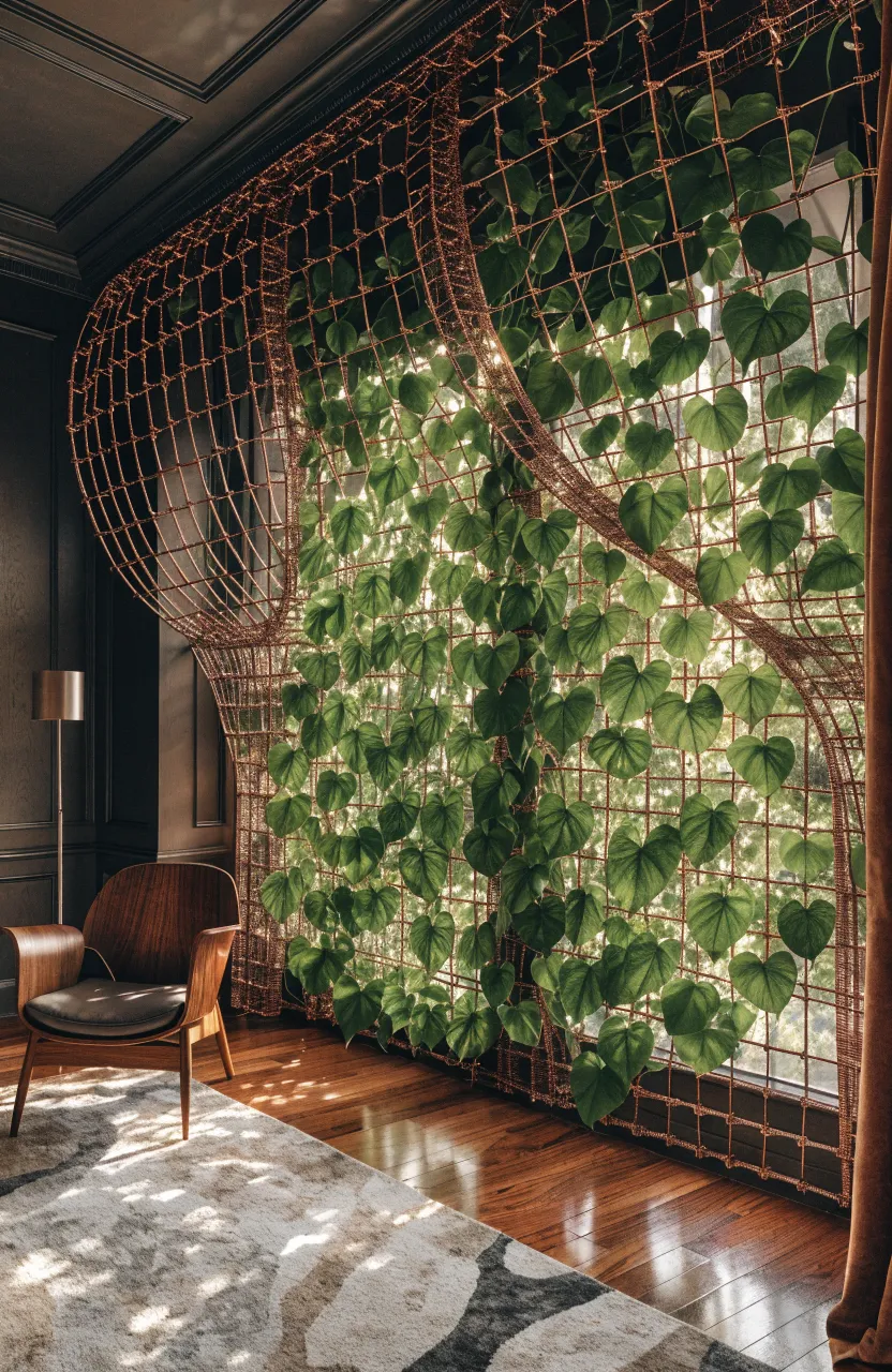 A large copper grid trellis on a living room wall with climbing Heartleaf Philodendron plants.