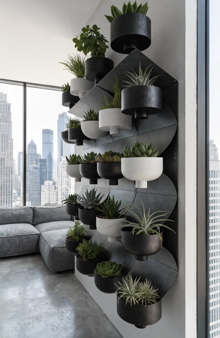 Modular magnetic steel panels on a wall with various small plants in magnetic pots.