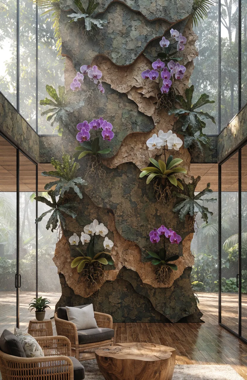 A living room wall with cork backing and mounted orchids and ferns resembling a tropical forest.