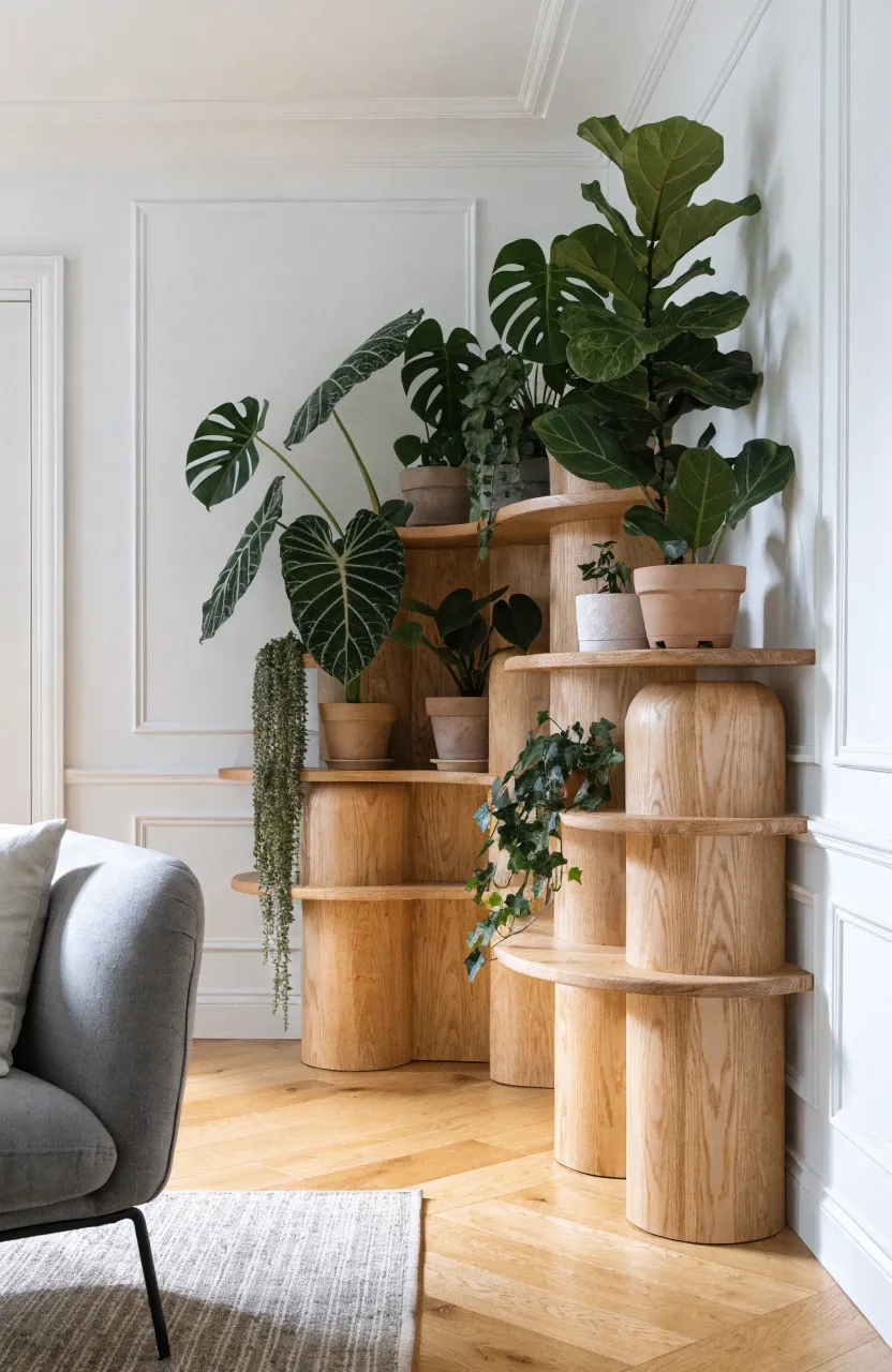 Tiered wooden pedestals wrapping around a living room corner filled with various large indoor plants.