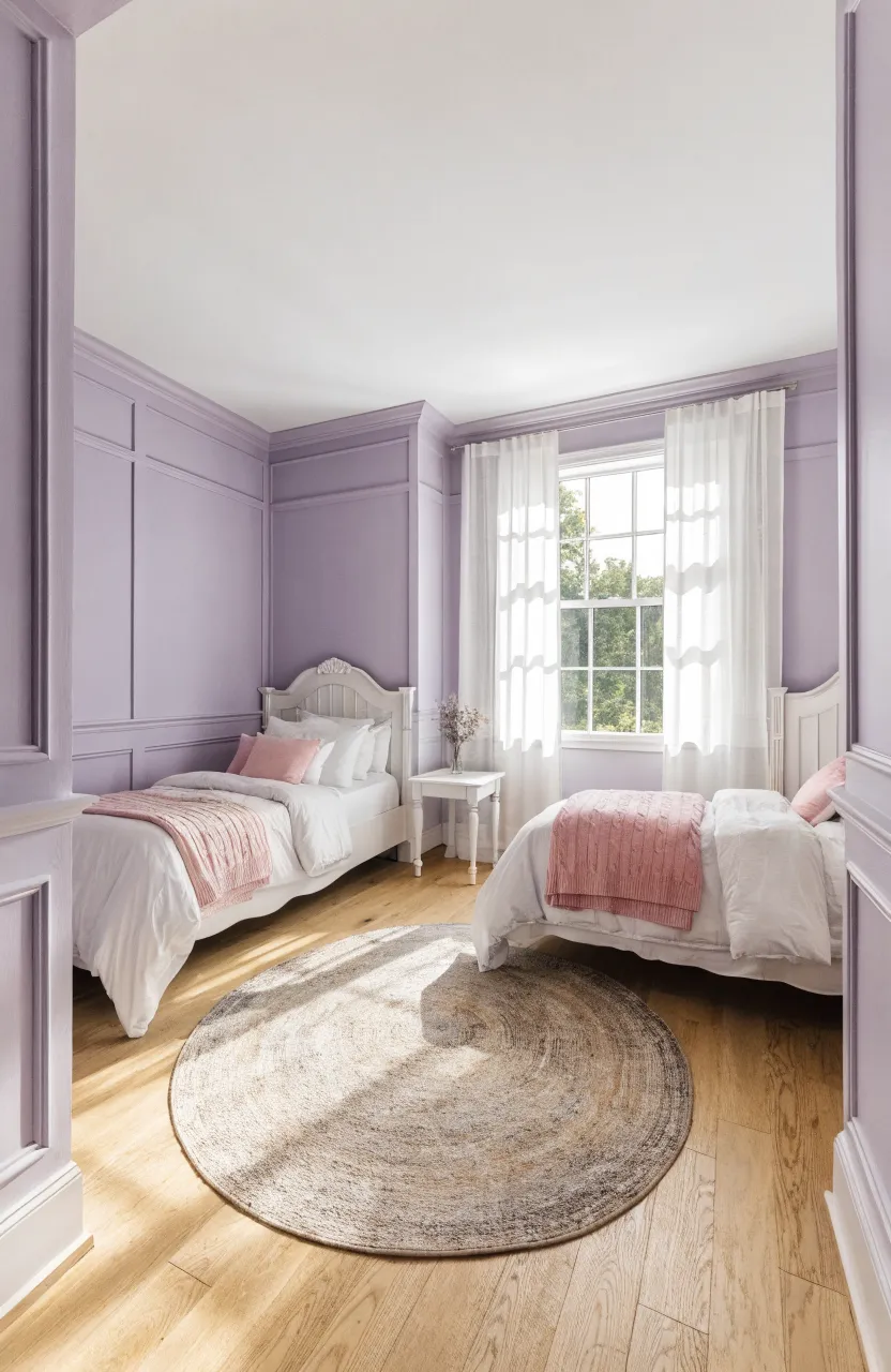 Two twin beds in an L-shape corner layout in a small bedroom with a large open floor area.