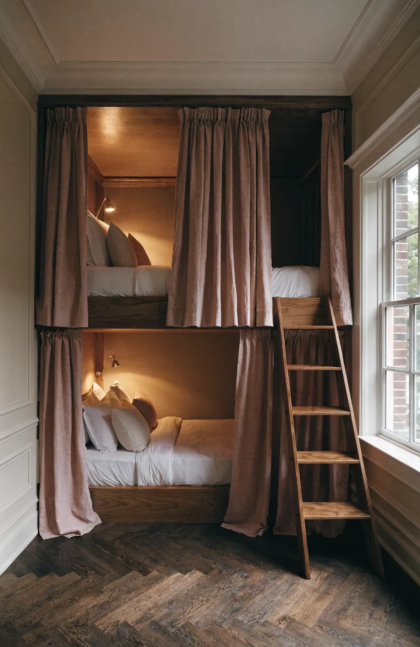 Built-in wooden bunk beds with elegant dusty rose privacy curtains in a shared room.
