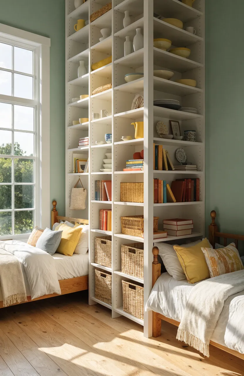 A tall white open-backed bookshelf dividing a shared bedroom into two private sleeping zones.