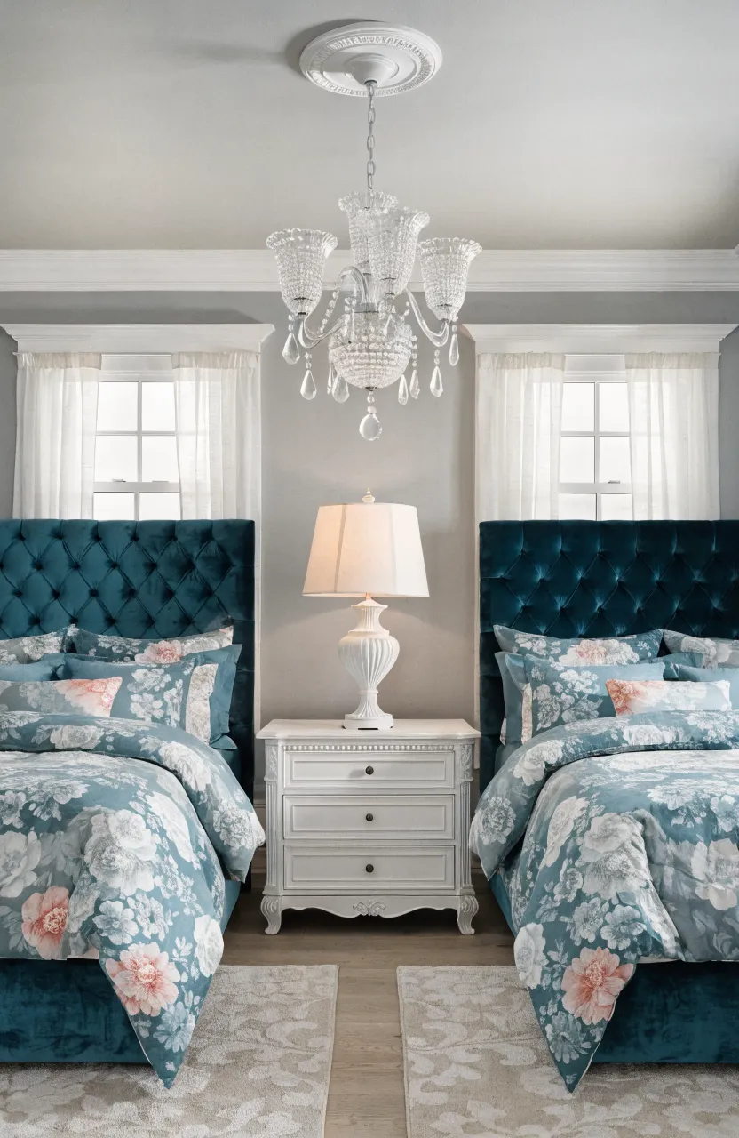 Symmetrical bedroom layout with two teal beds and a shared white nightstand in the middle.