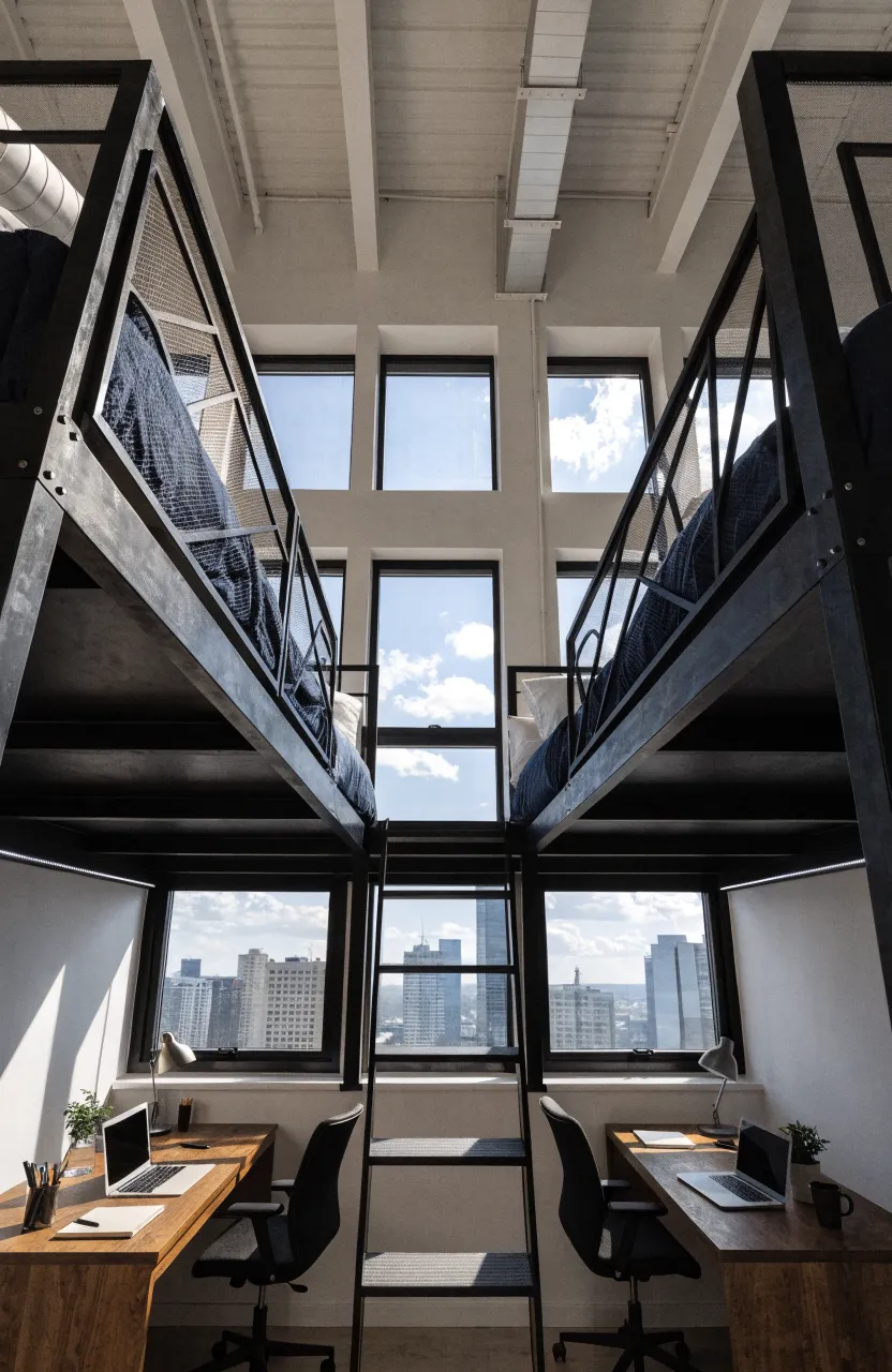Two black metal loft beds with wooden desks and study areas underneath in a high-ceiling room.