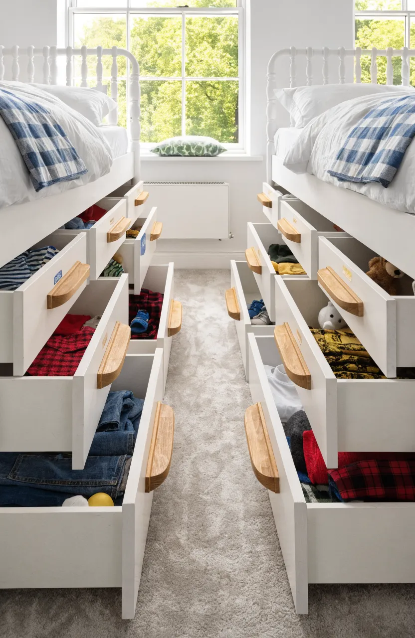 White bed frames with open under-bed storage drawers showing organized clothes and toys.